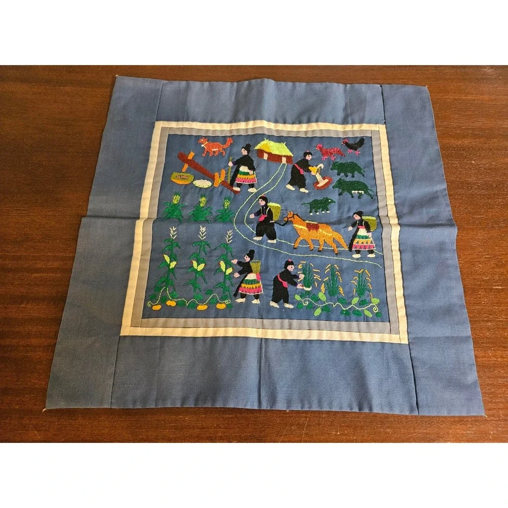 Hmong Story Cloth Wall Art 18x16 Blue Hand Embroidered Village Scene